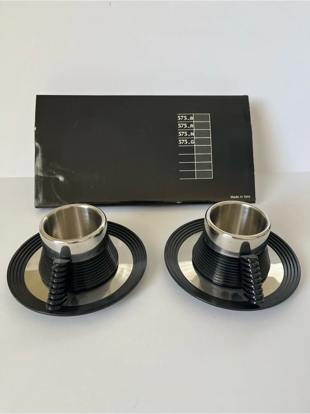 Star Trek Carlo Giannini NWT Vintage Black and Metal Espresso Cup and Saucer Set